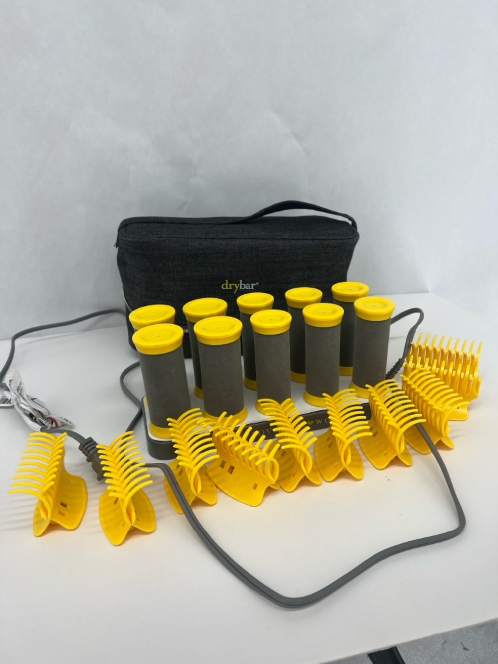 Drybar Yellow and Gray Foam Hot Roller Styling Set with Clips and Pouch